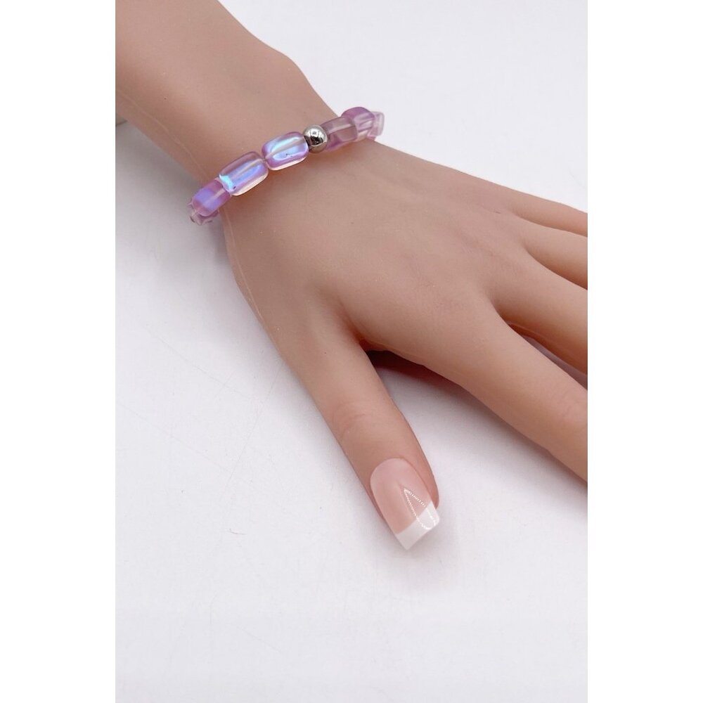 Nogu Lavender Mermaid Glass Pebble Stretch Bracelet 925 Sterling Silver Charm
